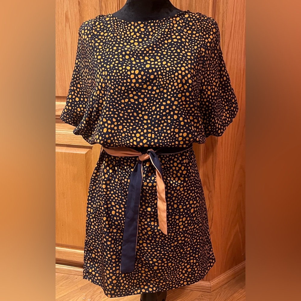 ZARA Dot Printed Blouson‎ Belted Mini Dress Navy Blue & Golden Orange Size XS